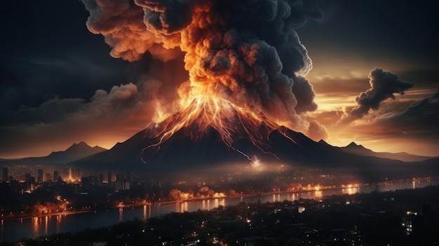 Erupción de un volcán en el fondo del atardecer