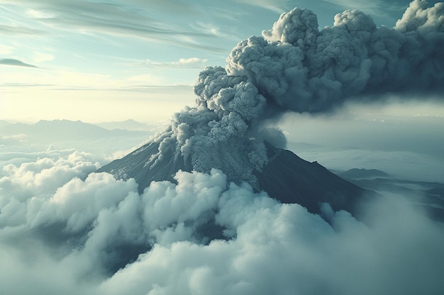 Foto erupción de un volcán con humo en las nubes con ia generada