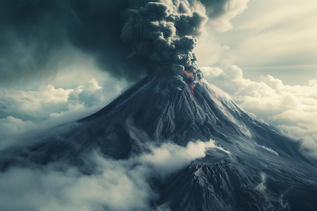 Erupción de un volcán con humo en las nubes con IA generada