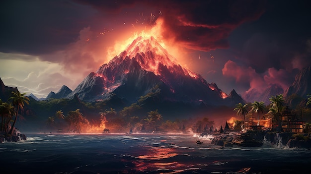 Erupción de volcán en una isla en el océano ilustración 3d