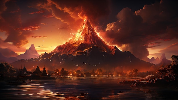 Erupción de volcán en una isla en el océano ilustración 3d