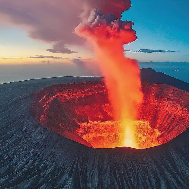 erupción del volcán por la mañana