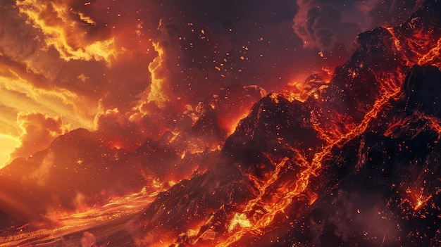 Erupción volcánica ardiente con nubes dramáticas