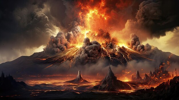 Una erupción volcánica arroja lava ardiente junto con denso humo y ceniza Erupción de lava ardiente humo denso ceniza volcánica poder crudo furia majestuosa generada por IA