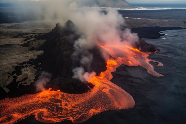 Erupción volcánica diurna en la península de Reykjanes La lava se dispara desde el cráter sobre el cráter del volcán Fagradalsfjall en Islandia en GeoPark Nubes y vapor en el cielo