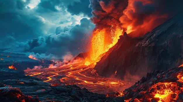 Foto erupción volcánica con flujo de lava bajo nubes de ceniza oscuras