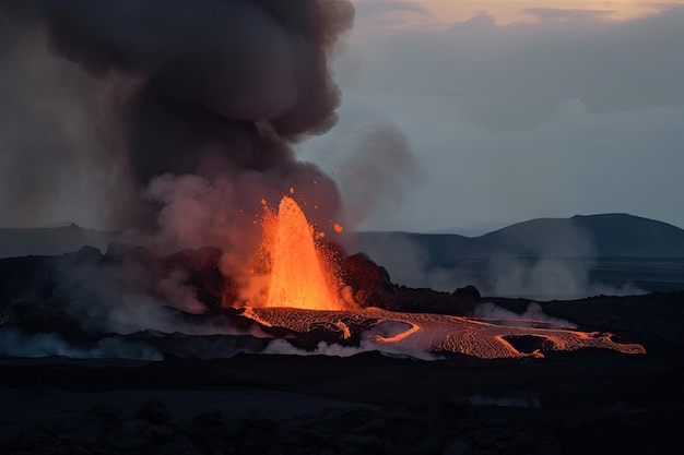 Erupción volcánica con flujos de lava y humo visible en el horizonte