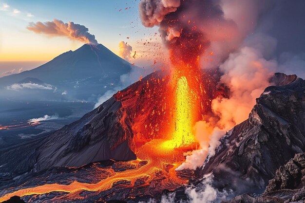 Erupción volcánica con humo y ceniza