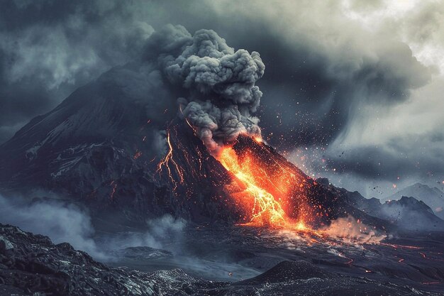 Erupción volcánica con humo y ceniza