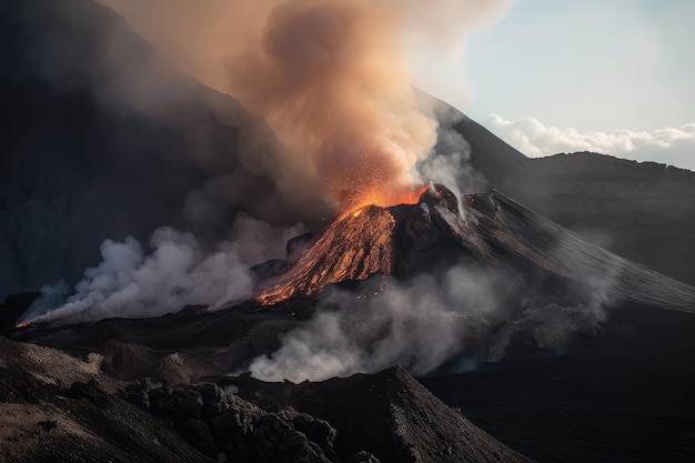 Erupción volcánica con humo y lava fluyendo libremente desde la cumbre