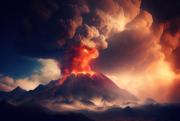 Erupción volcánica en Italia Explosión poderosa Flujos de lava Mucho humo y fuego Apocalipsis generativo de arte con IA