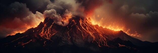 Foto erupción volcánica con lava ardiente y humo ia generativa