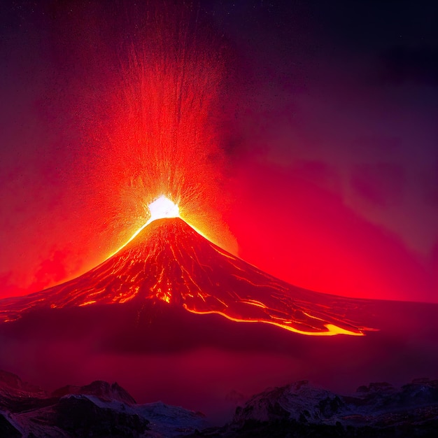 Erupción volcánica y lava Arte digital volcán activo