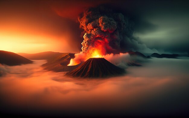 Foto erupción volcánica lava explota desde un cráter de un volcán