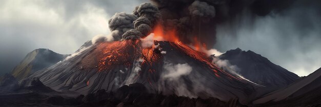 Foto erupción volcánica con la liberación de una enorme cantidad de ceniza y lava un peligroso fenómeno natural