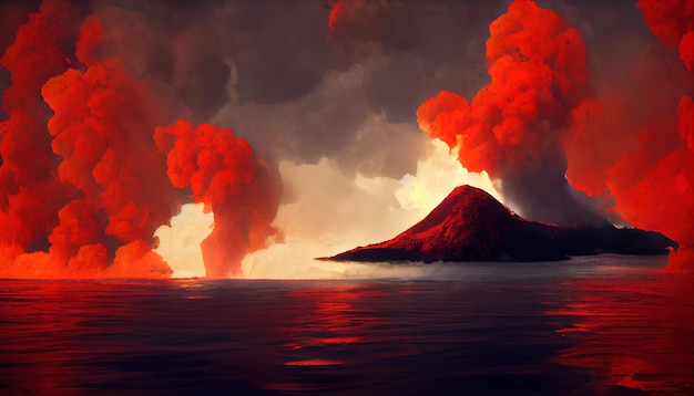 Erupción volcánica masiva Un gran volcán que arroja lava caliente y gases a la atmósfera 3D Illustra