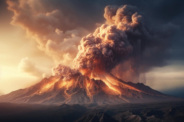 Erupción volcánica masiva Un volcán que expulsa lava caliente y gases a la atmósfera IA generativa