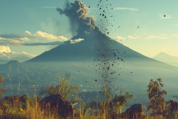 Foto erupción volcánica volcán en erupción con humo cenizas viejo pico de la montaña cielo cubierto de humos naturales