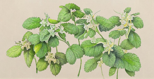 Erva-cidreira (melissa officinalis). ilustração botânica em papel branco. as melhores plantas medicinais