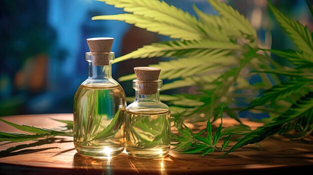Foto erva e folhas de cânhamo para tratamento decocção tintura extrato de óleo mistura de fumo óleo de cannabis legalização foco seletivo
