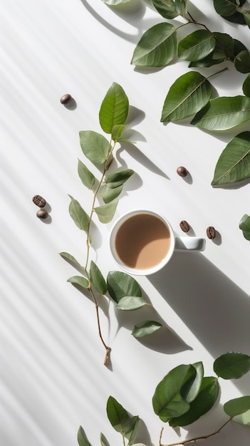 Ervas aromáticas e xícara de café em fundo branco com espaço de cópia Conceito de pausa de café
