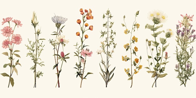 Ervas botânicas Flores silvestres em estilo retro Ilustração icônica de aquarelas de flores silvestres com P solto