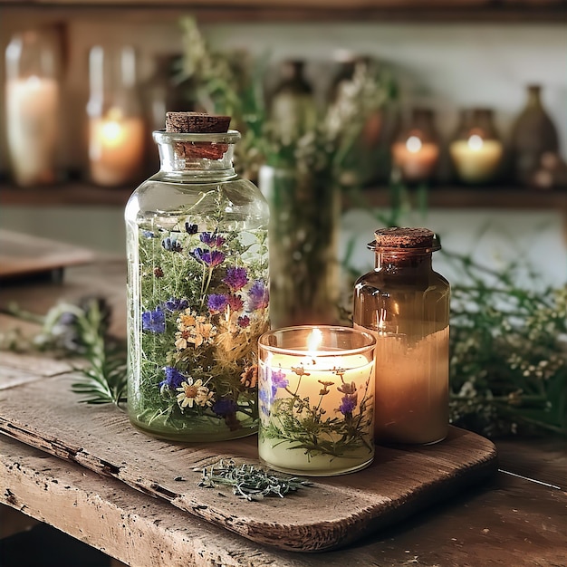 Ervas com flores velas e óleos essenciais