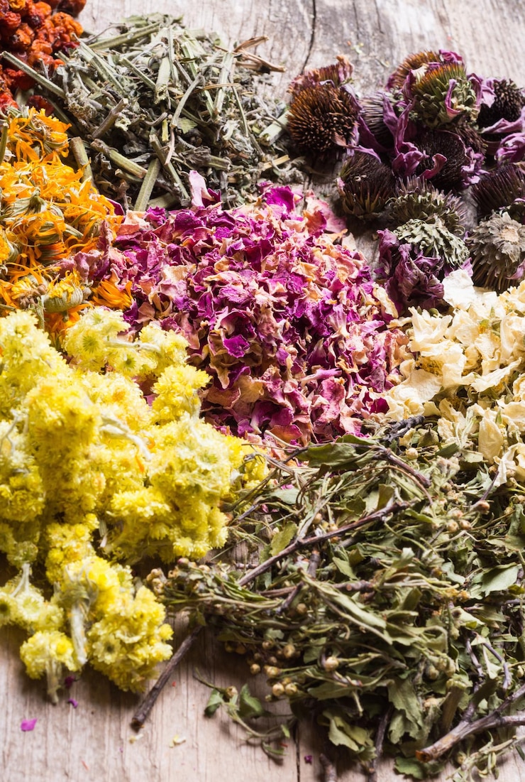 Foto ervas da medicina da natureza no fundo de madeira