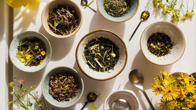 Ervas de chá em tigelas planas