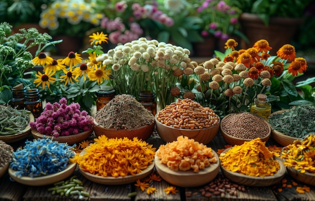 Ervas e flores na mesa de madeira