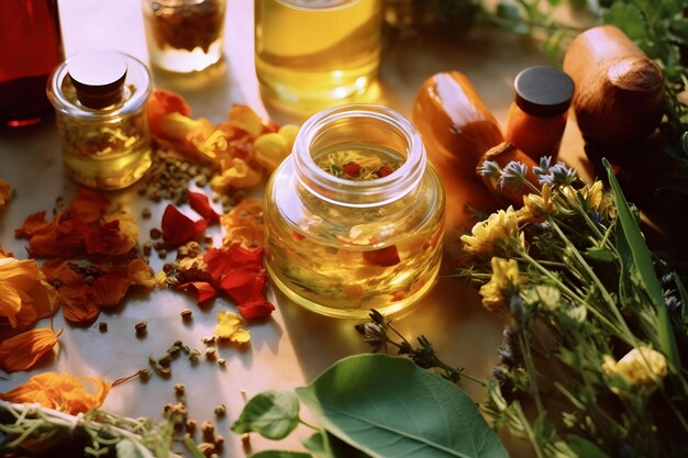 Foto ervas especiarias garrafa de óleo para aromaterapia na mesa laranja amarelo etéreo