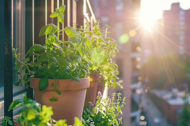 Ervas frescas crescem em recipientes na varanda da cidade à luz do sol