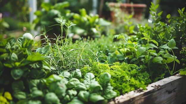 Ervas frescas crescendo em um jardim as ervas são plantadas em uma caixa de madeira e estão sendo regadas as ervas estão verdes e exuberantes