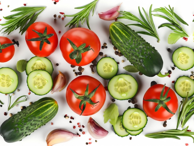 ervas frescas de tomate e pepino e especiarias isoladas na vista superior de fundo branco