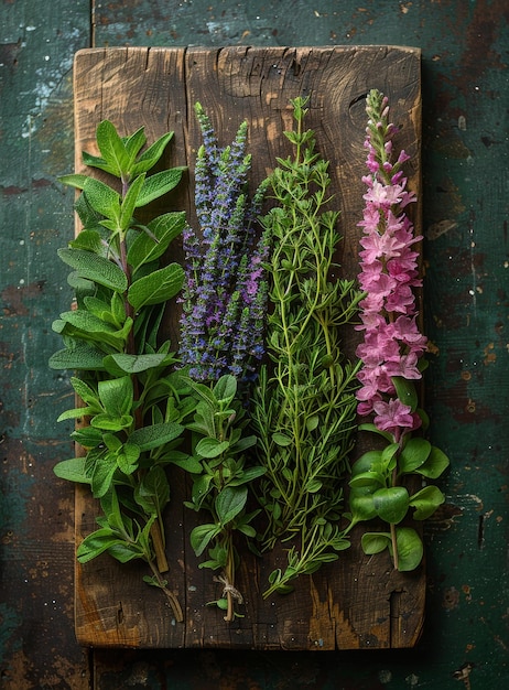 Ervas frescas do jardim em tábuas de madeira