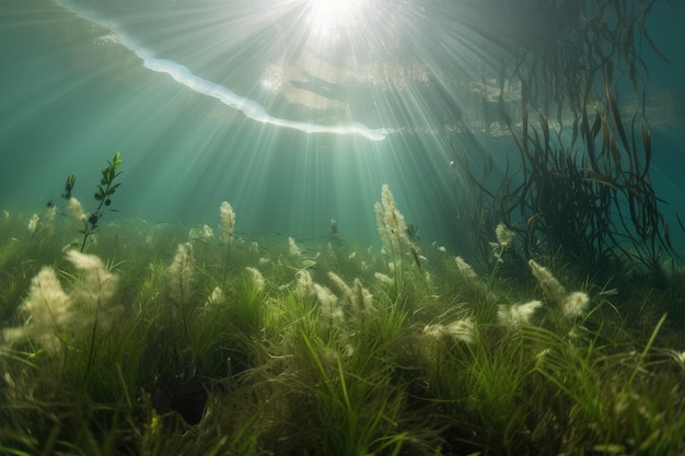 Ervas marinhas e plantas aquáticas em fotos subaquáticas criadas com IA generativa