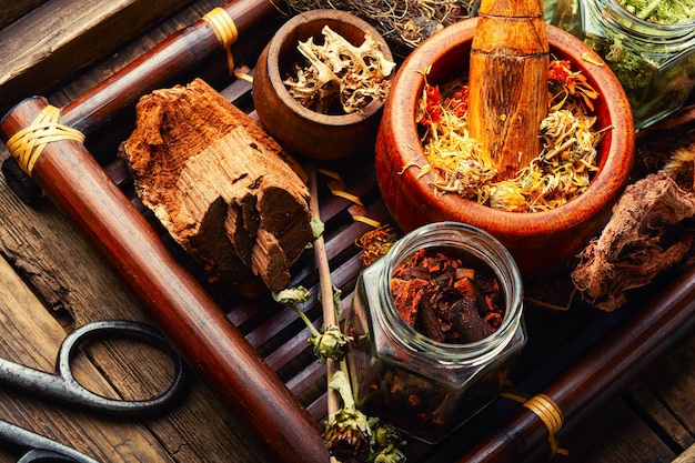 Ervas medicinais e plantas medicinais em uma bandeja Ervas homeopáticas na superfície de madeira velha