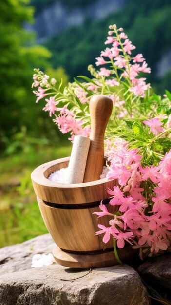 Foto ervas medicinais em uma argamassa de cobre ervas medicinais chamerion angustifolium ou epilobium