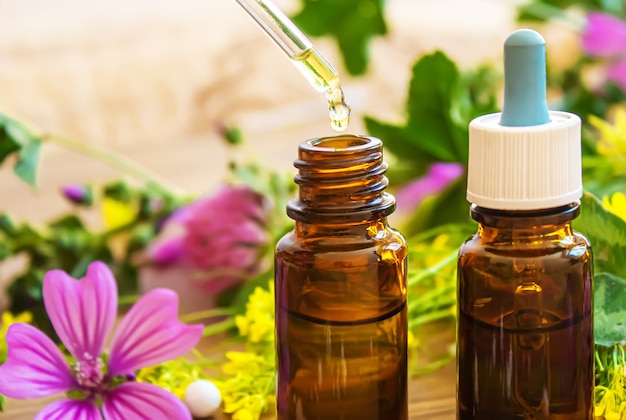 Ervas medicinais, óleos em pequenos frascos homeopatia. seletivo focus.nature