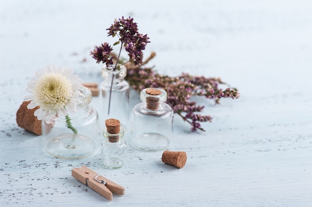 Ervas secas, flores em pequenas garrafas