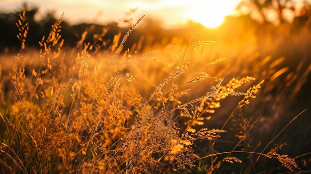 Ervas selvagens com um pôr-do-sol dourado