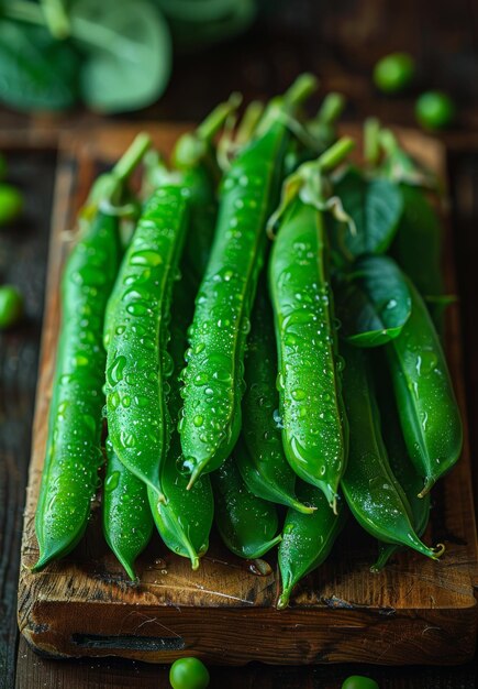 Ervilhas verdes frescas em fundo de madeira