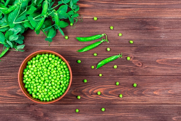 Ervilhas verdes frescas em uma tigela no contexto de brotos de folhas ramos de ervilhas verdes jovens em uma mesa de madeira escura Vitaminas de nutrição adequada