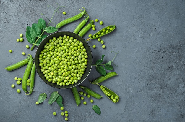 Ervilhas verdes jovens em uma tigela preta sobre um fundo cinza. Alimentos orgânicos e saudáveis.