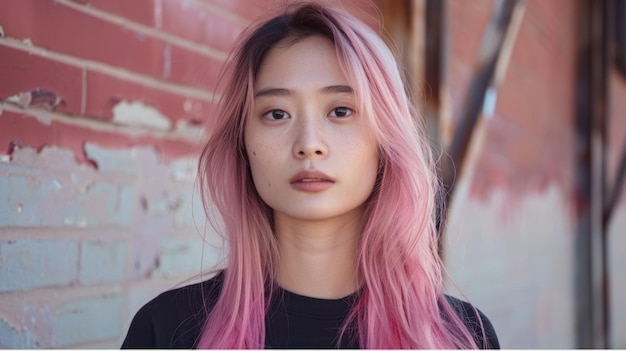 Erwachsene chinesische Frau mit rosa geraden Haaren Illustration im Stil der 90er Jahre