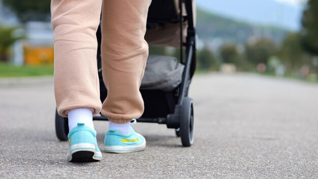 Erwachsene Frau geht mit Babywiege im natürlichen Stadtpark spazieren