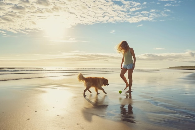 Erwachsene Frau spielt mit einem Hund in der Nähe der Nordsee an einem Sandstrand schöne erwachsene blonde Frau mit