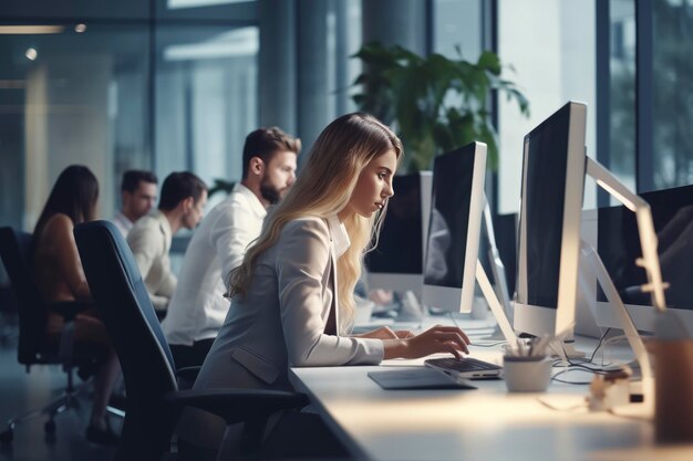 Foto erwachsene geschäftsleute, die in modernen büros an computern arbeiten