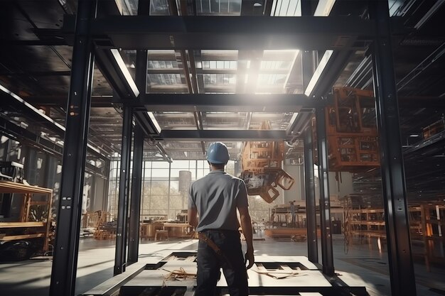 Foto erwachsene männer in uniform arbeiten mit eisenkonstruktionen in einem modernen gebäude