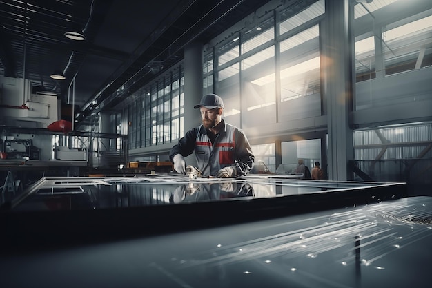 Erwachsene Männer in Uniform arbeiten mit Eisenkonstruktionen in einem modernen Gebäude